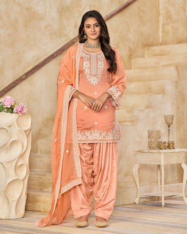 Peach Roman Silk Embroidered Women Unstitched Patiala Salwar Kameez