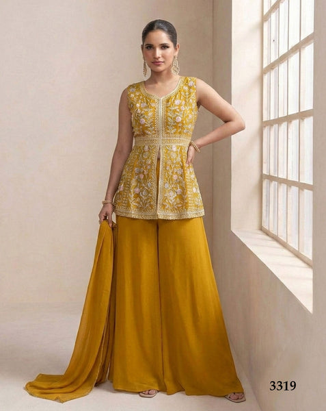 Readymade Yellow CO-Ord Palazzo Suit For Woman In Georgette