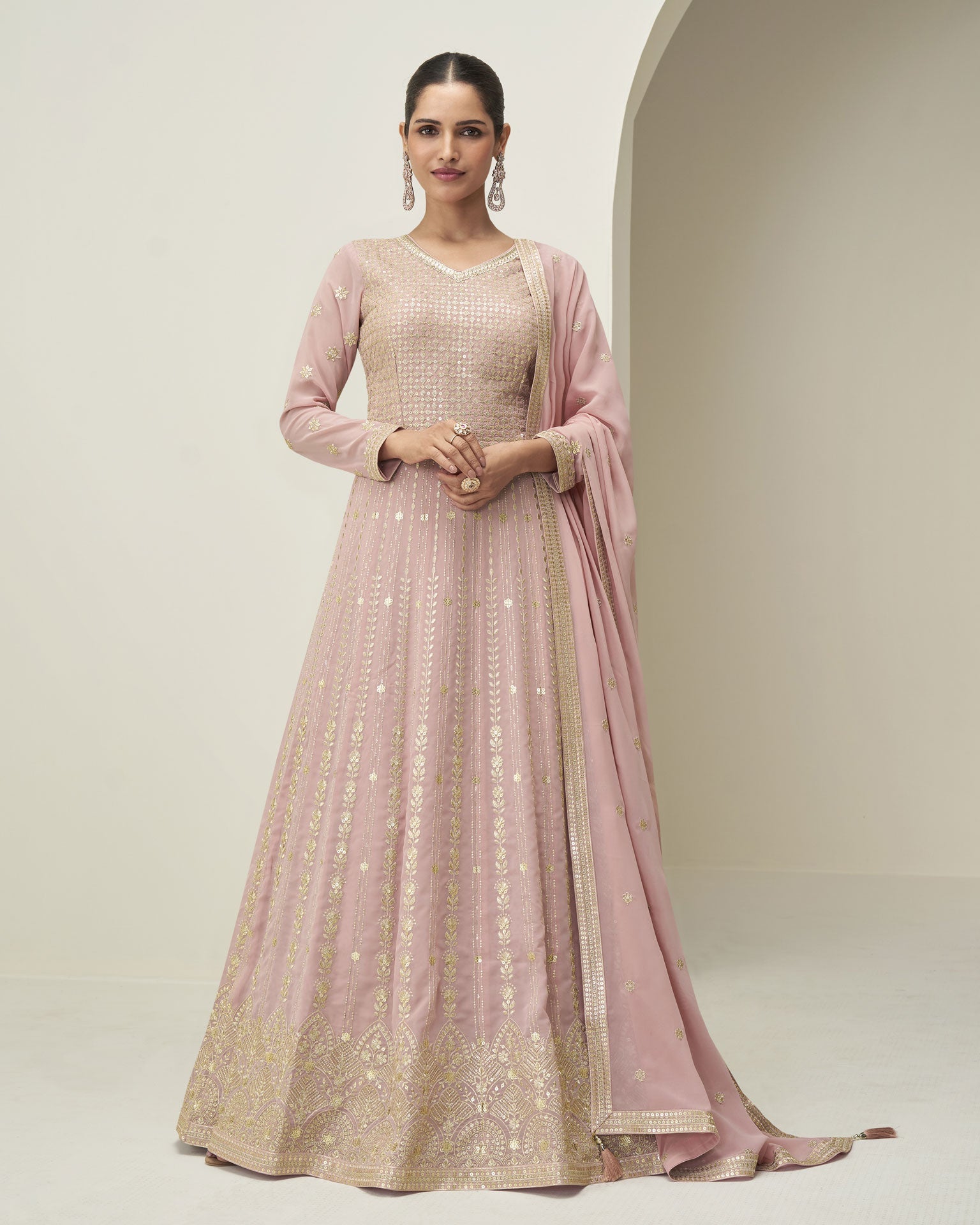 Pink Pure Georgette Women Readymade Anarkali Gown With Dupatta