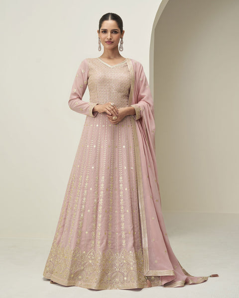 Pink Pure Georgette Women Readymade Anarkali Gown With Dupatta