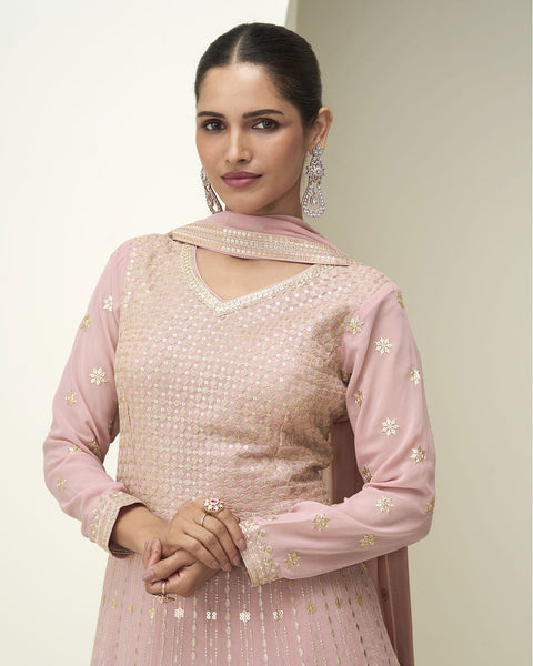 Pink Pure Georgette Women Readymade Anarkali Gown With Dupatta