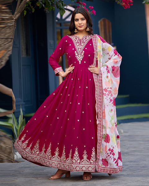 Pink Faux Georgette Women Readymade Anarkali Frock Suit With Printed Silk Dupatta