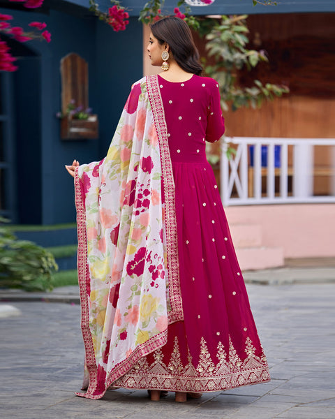 Pink Faux Georgette Women Readymade Anarkali Frock Suit With Printed Silk Dupatta