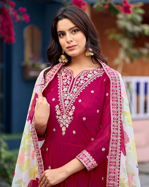 Pink Faux Georgette Women Readymade Anarkali Frock Suit With Printed Silk Dupatta