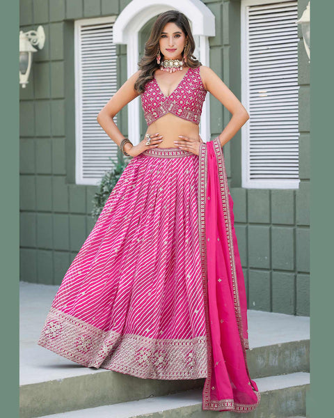 Pink Soft Organza Lehria Print Unstitched Women Lehenga Choli