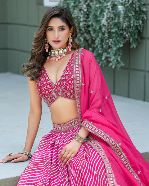 Pink Soft Organza Lehria Print Unstitched Women Lehenga Choli