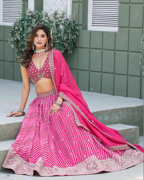 Pink Soft Organza Lehria Print Unstitched Women Lehenga Choli