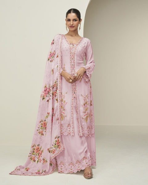 Pink Chinnon Silk Readymade Woman Palazzo Suit With Printed Dupatta