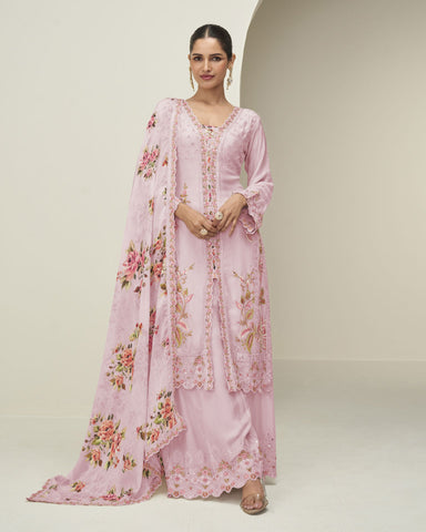 Pink Chinnon Silk Readymade Woman Palazzo Suit With Printed Dupatta