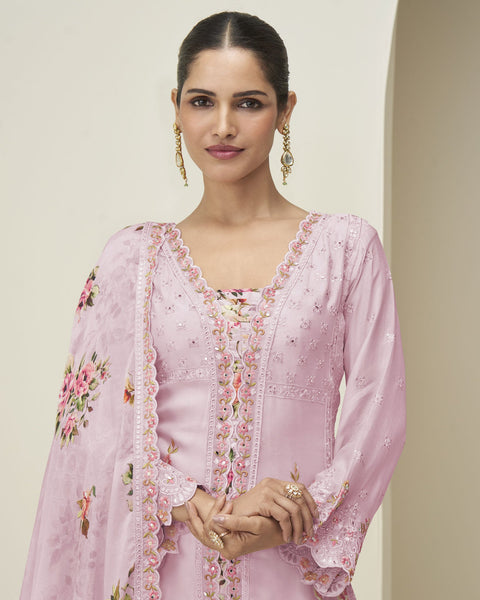 Pink Chinnon Silk Readymade Woman Palazzo Suit With Printed Dupatta