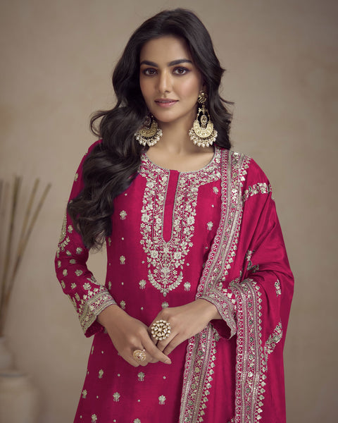 Pink Chinnon Silk Readymade Woman Palazzo Suit With Embroidered Dupatta