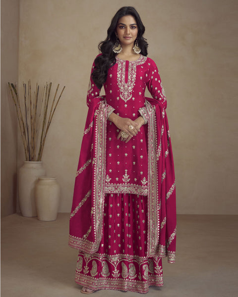 Pink Chinnon Silk Readymade Woman Palazzo Suit With Embroidered Dupatta