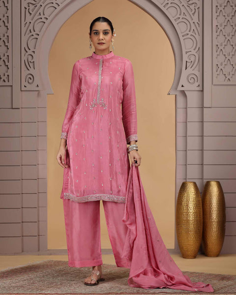 Pink Satin Silk Readymade Salwar Suit For Woman With Palazzo Pant