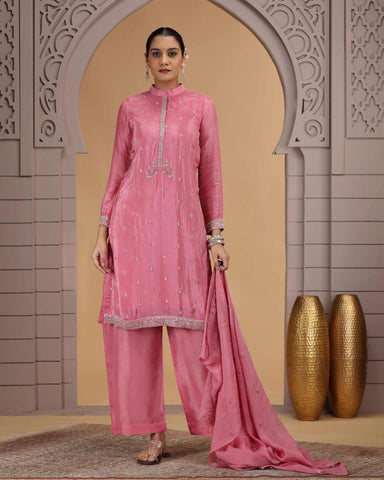 Pink Satin Silk Readymade Salwar Suit For Woman With Palazzo Pant