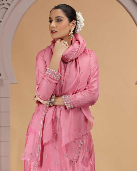 Pink Satin Silk Readymade Salwar Suit For Woman With Palazzo Pant