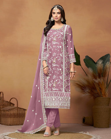 Dusty Rose Organza Embroidered Churidar Suit With Organza Dupatta
