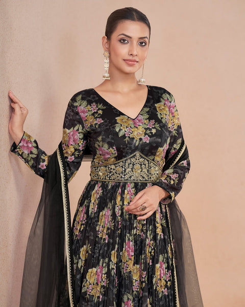 Black Georgette Floor Length Printed Anarkali Kurta With Hand Embroidery & Net Dupatta