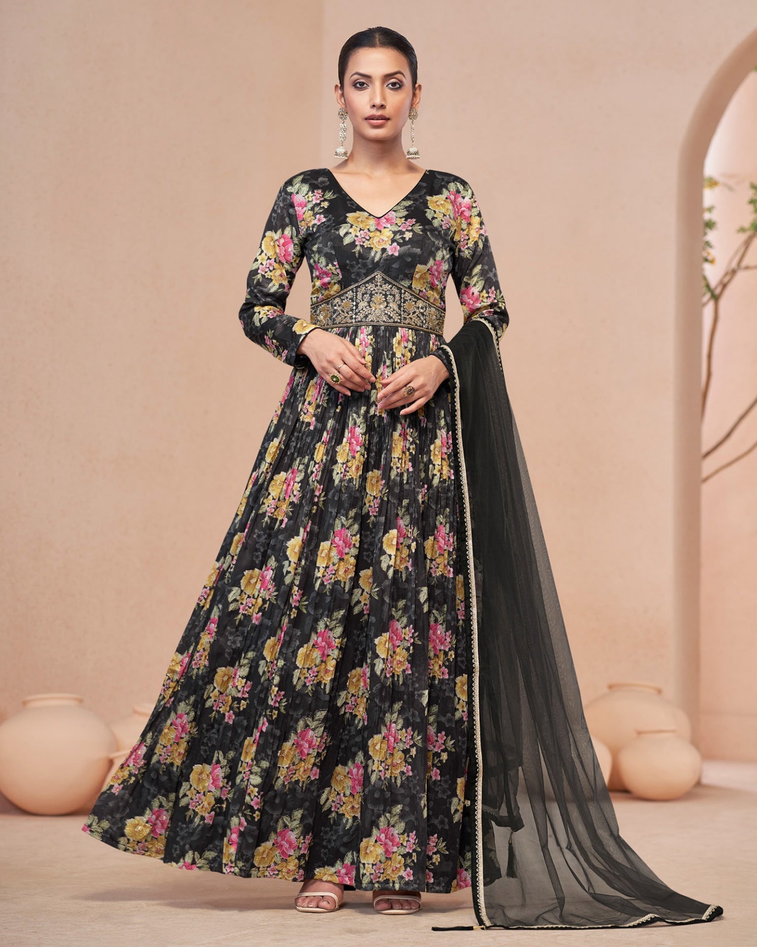 Black Georgette Floor Length Printed Anarkali Kurta With Hand Embroidery & Net Dupatta