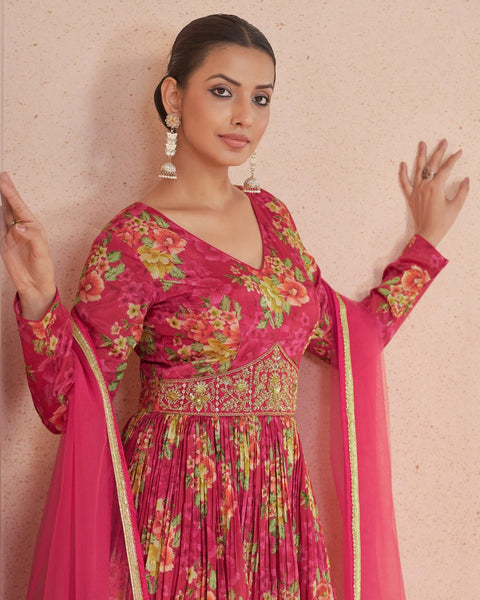 Pink Georgette Floor Length Printed Anarkali Kurta With Hand Embroidery & Net Dupatta