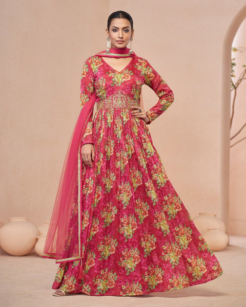 Pink Georgette Floor Length Printed Anarkali Kurta With Hand Embroidery & Net Dupatta