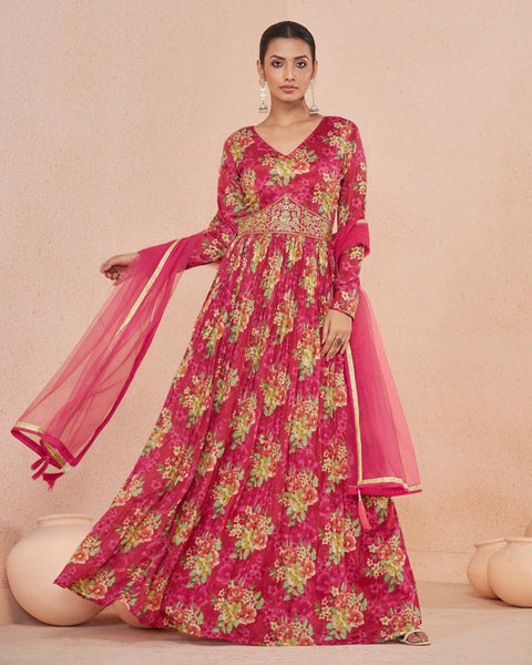 Pink Georgette Floor Length Printed Anarkali Kurta With Hand Embroidery & Net Dupatta