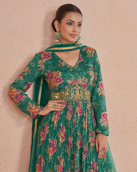 Green Georgette Floor Length Printed Anarkali Kurta With Hand Embroidery & Net Dupatta