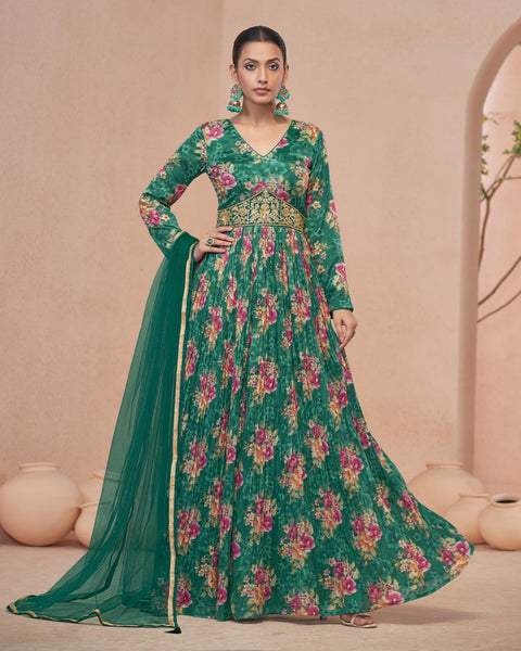 Green Georgette Floor Length Printed Anarkali Kurta With Hand Embroidery & Net Dupatta