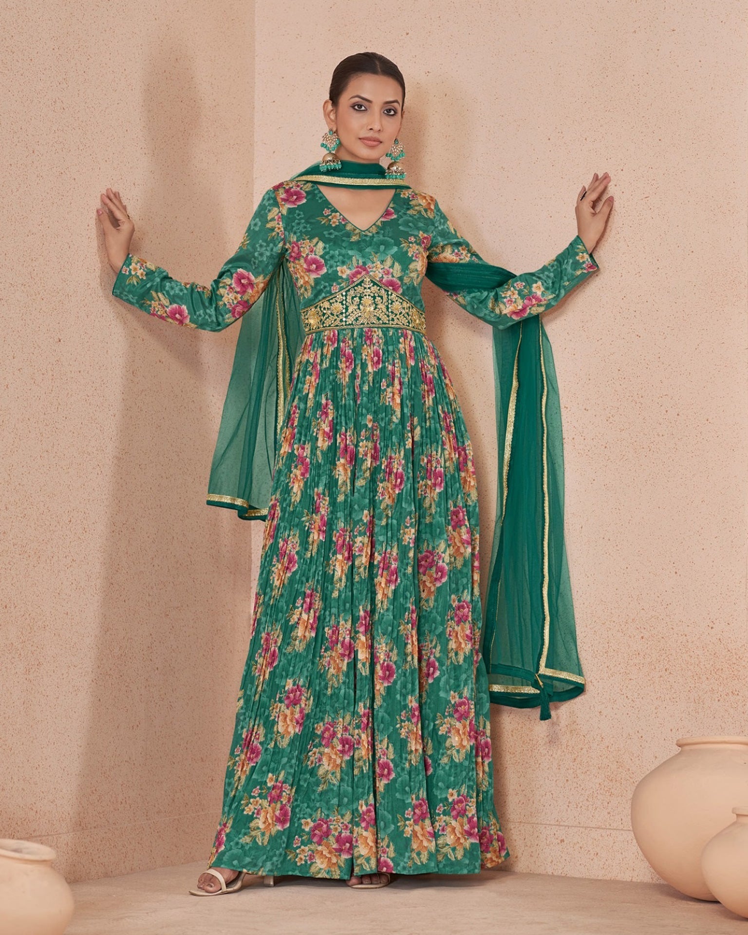 Green Georgette Floor Length Printed Anarkali Kurta With Hand Embroidery & Net Dupatta