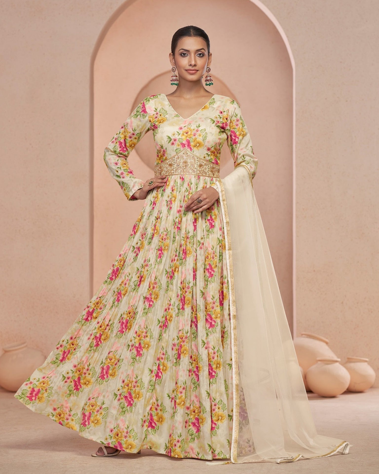 Cream Georgette Floor Length Printed Anarkali Kurta With Hand Embroidery & Net Dupatta