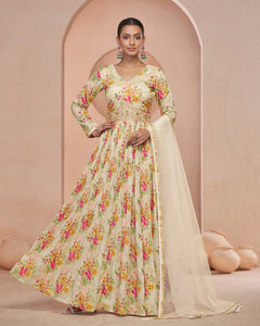 Cream Georgette Floor Length Printed Anarkali Kurta With Hand Embroidery & Net Dupatta