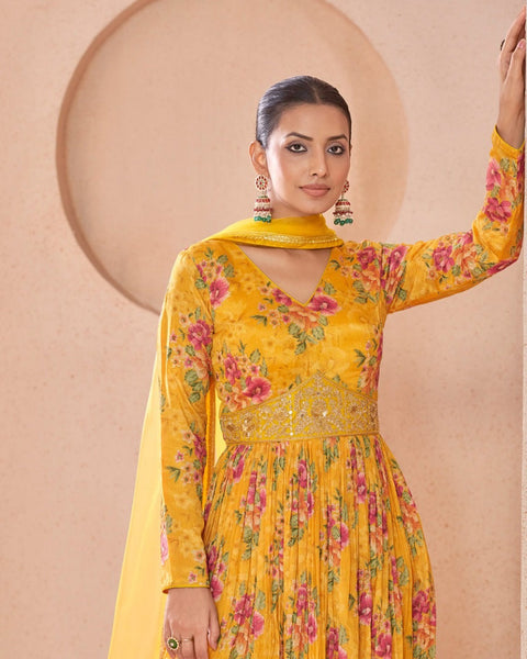 Yellow Georgette Floor Length Printed Anarkali Kurta With Hand Embroidery & Net Dupatta