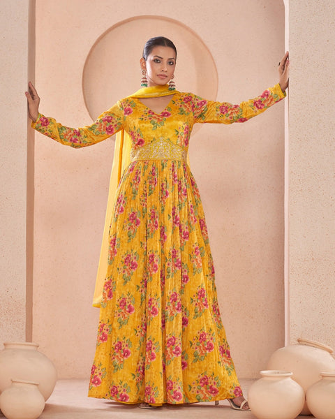 Yellow Georgette Floor Length Printed Anarkali Kurta With Hand Embroidery & Net Dupatta