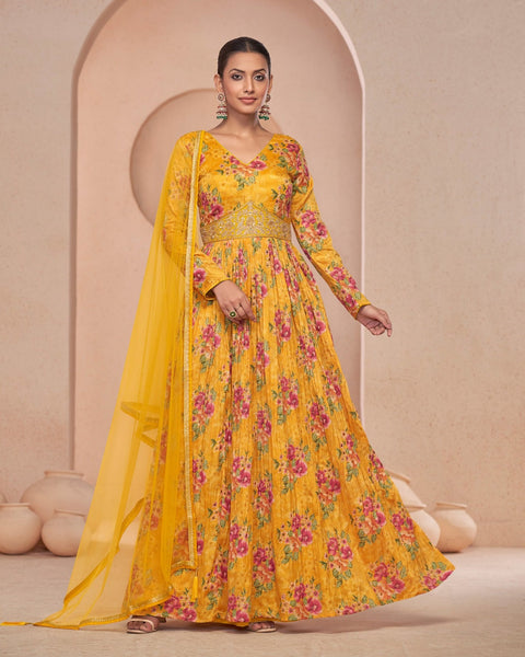 Yellow Georgette Floor Length Printed Anarkali Kurta With Hand Embroidery & Net Dupatta