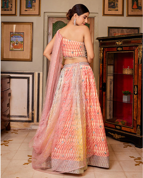 Multicolor Laheria Print Organza Silk Lehenga Choli With Pink Net Dupatta