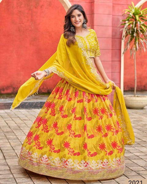 Yellow Taby Silk Printed Unstitched Women Lehenga Choli