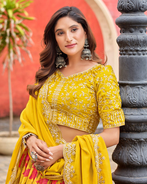 Yellow Taby Silk Printed Unstitched Women Lehenga Choli