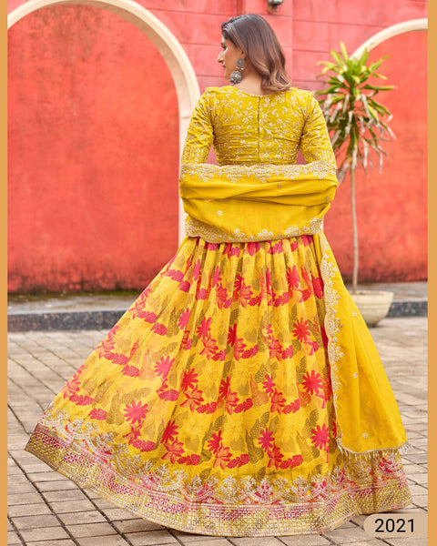 Yellow Taby Silk Printed Unstitched Women Lehenga Choli
