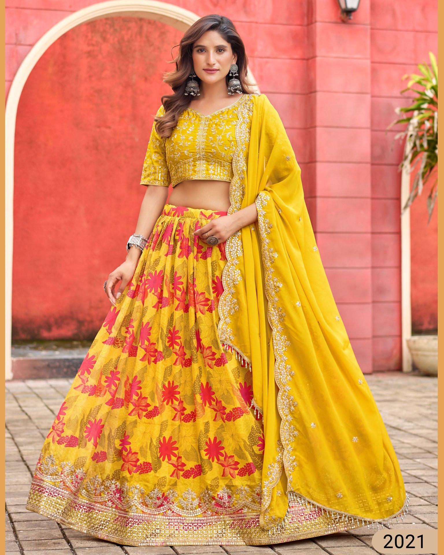 Yellow Taby Silk Printed Unstitched Women Lehenga Choli
