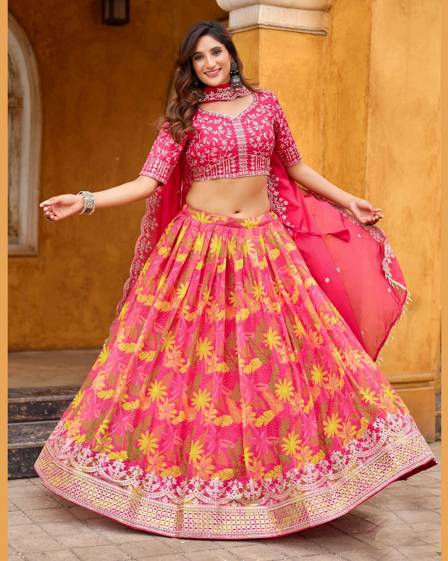 Pink Taby Silk Printed Unstitched Women Lehenga Choli