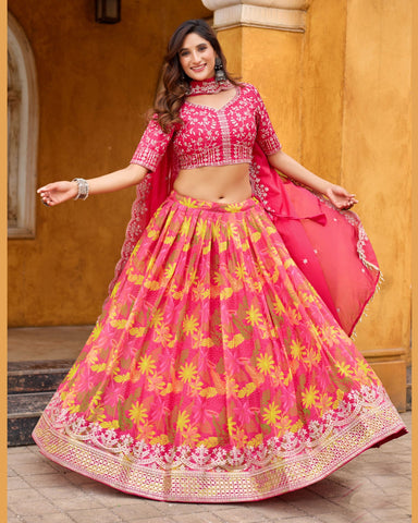 Pink Taby Silk Printed Unstitched Women Lehenga Choli