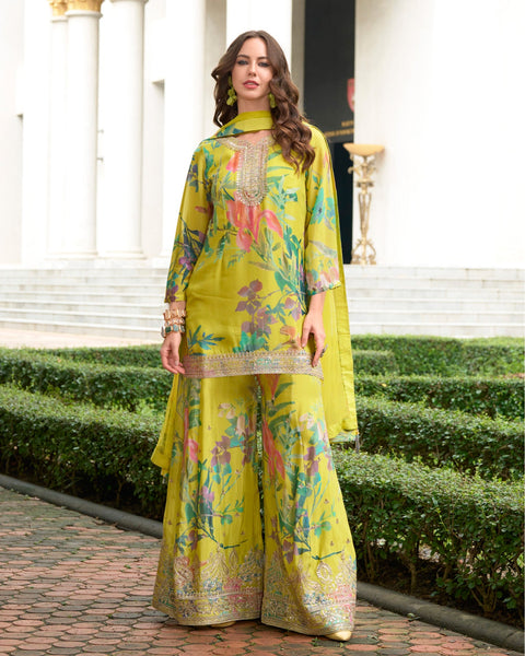 Parrot Green Women Readymade Chinnon Silk Zari Work Printed Palazzo Suit With Chinnon Silk Dupatta