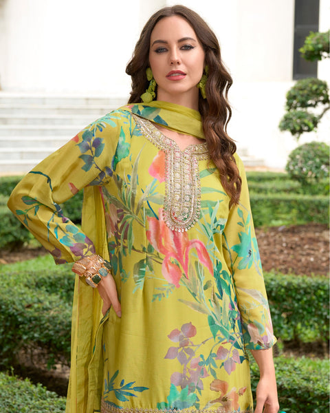 Parrot Green Women Readymade Chinnon Silk Zari Work Printed Palazzo Suit With Chinnon Silk Dupatta