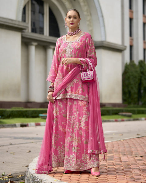 Pink Women Readymade Chinnon Silk Zari Work Printed Palazzo Suit With Chinnon Silk Dupatta