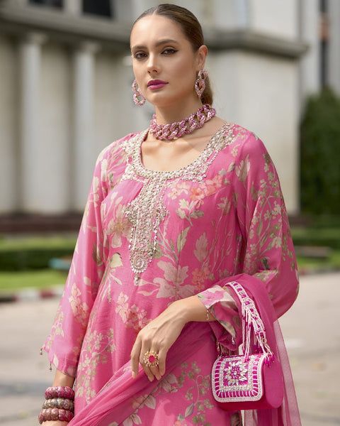 Pink Women Readymade Chinnon Silk Zari Work Printed Palazzo Suit With Chinnon Silk Dupatta