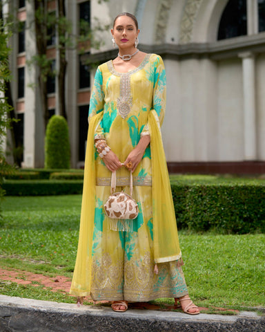 Yellow Women Readymade Chinnon Silk Zari Work Printed Palazzo Suit With Chinnon Silk Dupatta