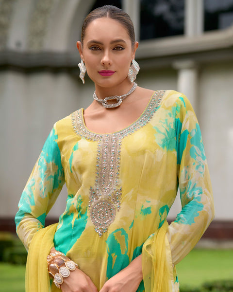 Yellow Women Readymade Chinnon Silk Zari Work Printed Palazzo Suit With Chinnon Silk Dupatta