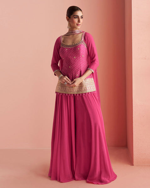 Pink Chinnon Silk Readymade Woman Short Kurta With Palazzo & Embroidered Dupatta