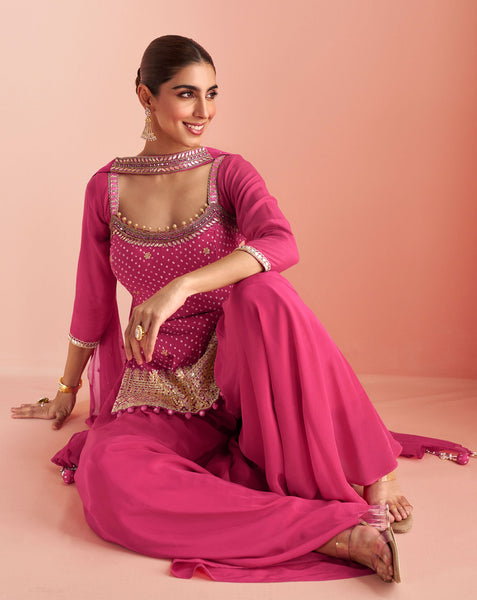 Pink Chinnon Silk Readymade Woman Short Kurta With Palazzo & Embroidered Dupatta