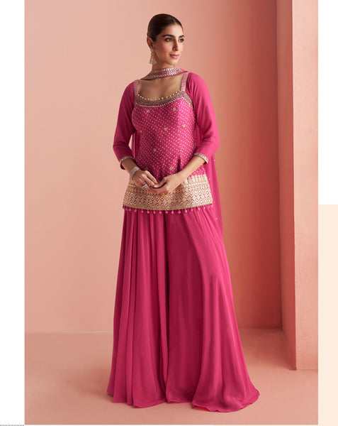 Pink Chinnon Silk Readymade Woman Short Kurta With Palazzo & Embroidered Dupatta