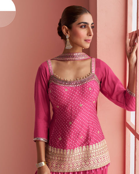 Pink Chinnon Silk Readymade Woman Short Kurta With Palazzo & Embroidered Dupatta